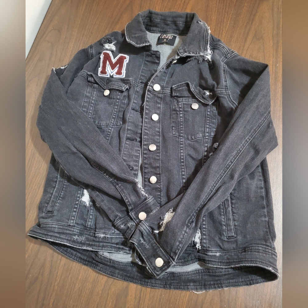 Tinsel Town junior's Ripped Black Denim Jacket with School Letterman